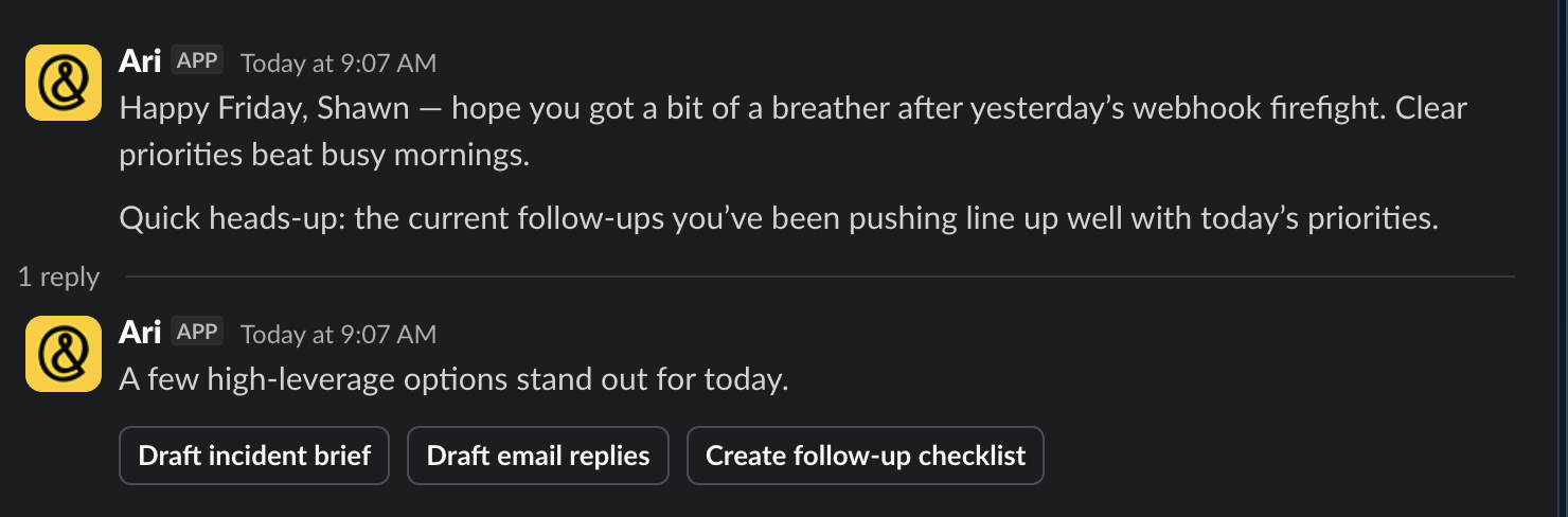 Ari proactively delivering a Friday reflection in Slack