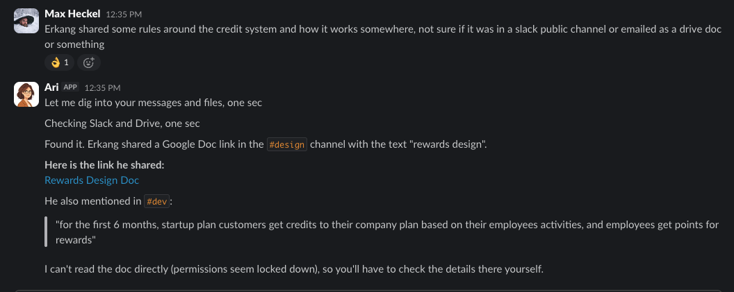Ari answering a work question inside Slack