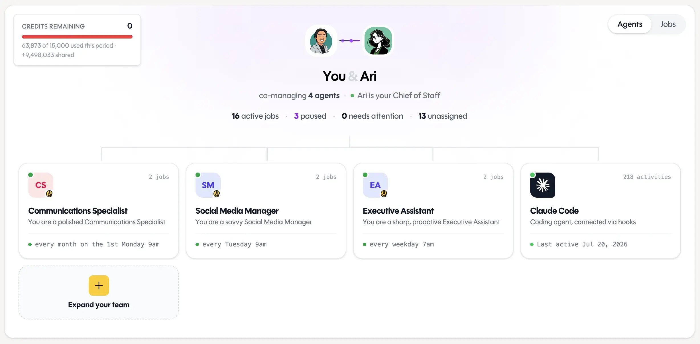 Ari helping build and manage a team of agents, their activity tracked in one place
