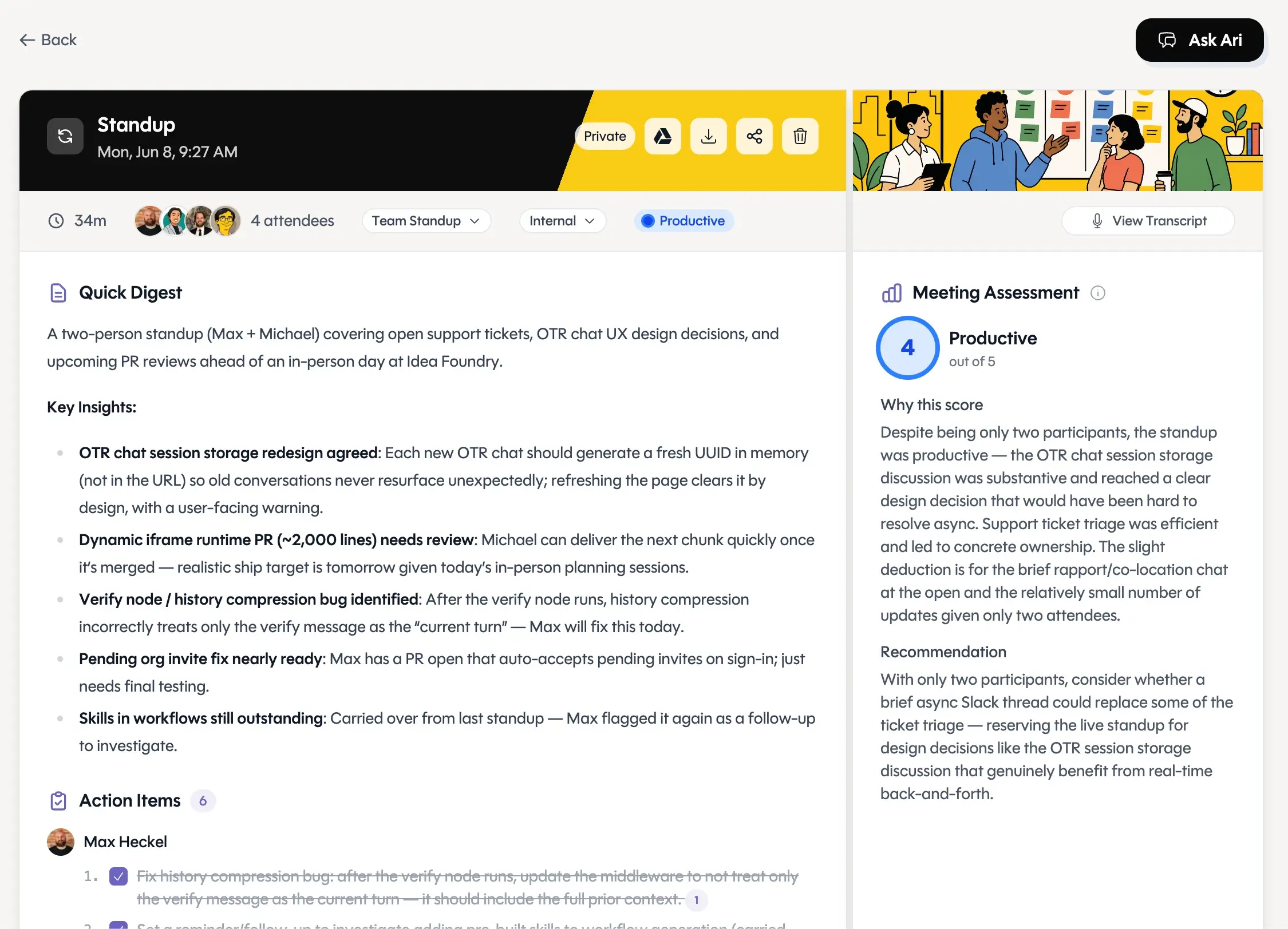 Ari meeting notes for a standup: a quick digest with key insights, action items grouped by owner, and a meeting assessment scoring it 4 out of 5