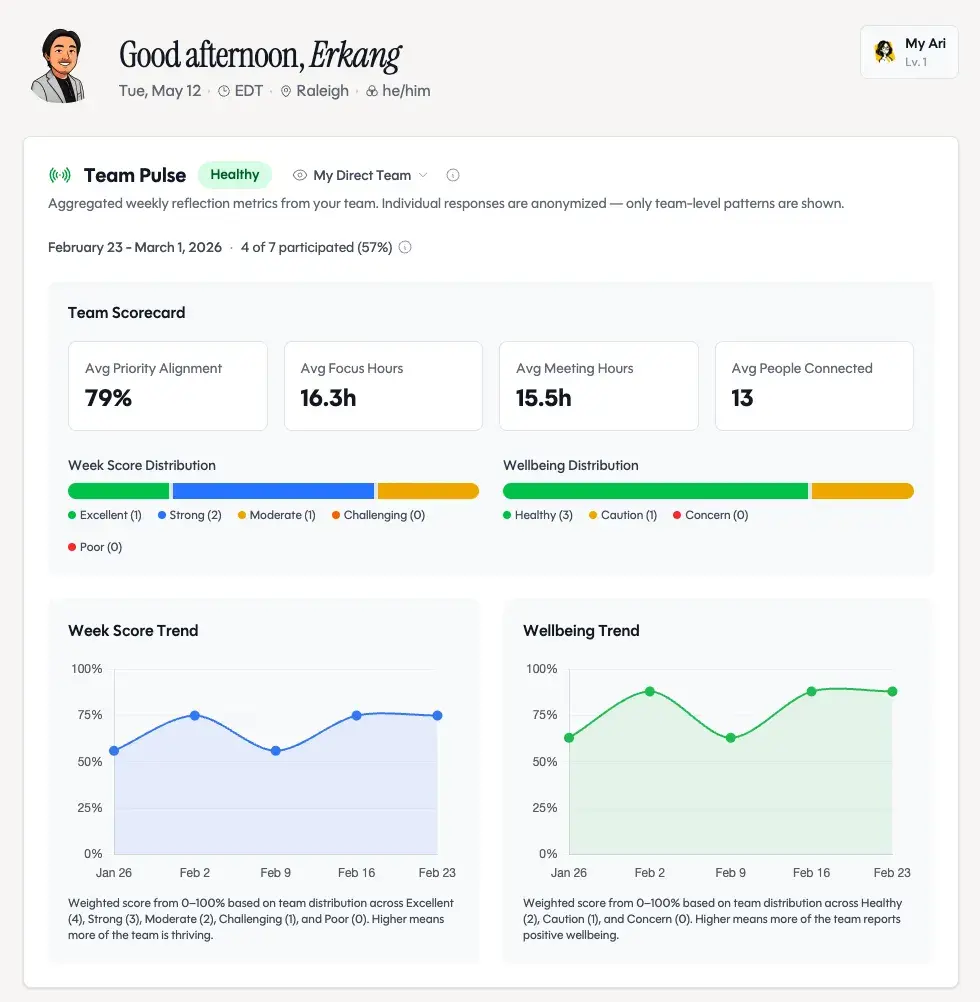 Ari's anonymized team pulse dashboard